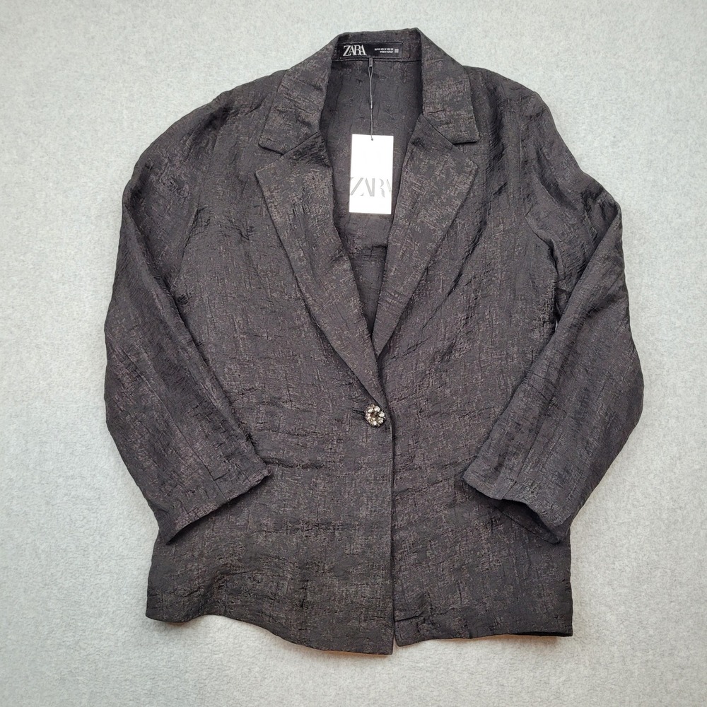 Zara Blazer Womens Medium Black Textured Rhinestone Button‎ Jacket 7484/499/800